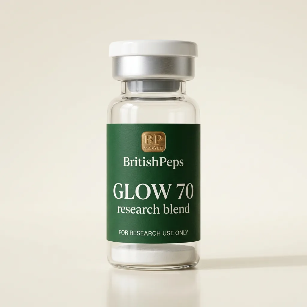 GLOW 70 (BPC-157 + GHK-Cu + TB-500) research peptide vial