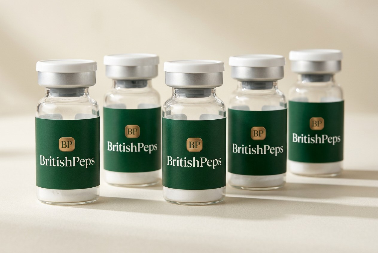 A lineup of BritishPeps research-peptide vials, each with the green Assay label and brass BP hallmark